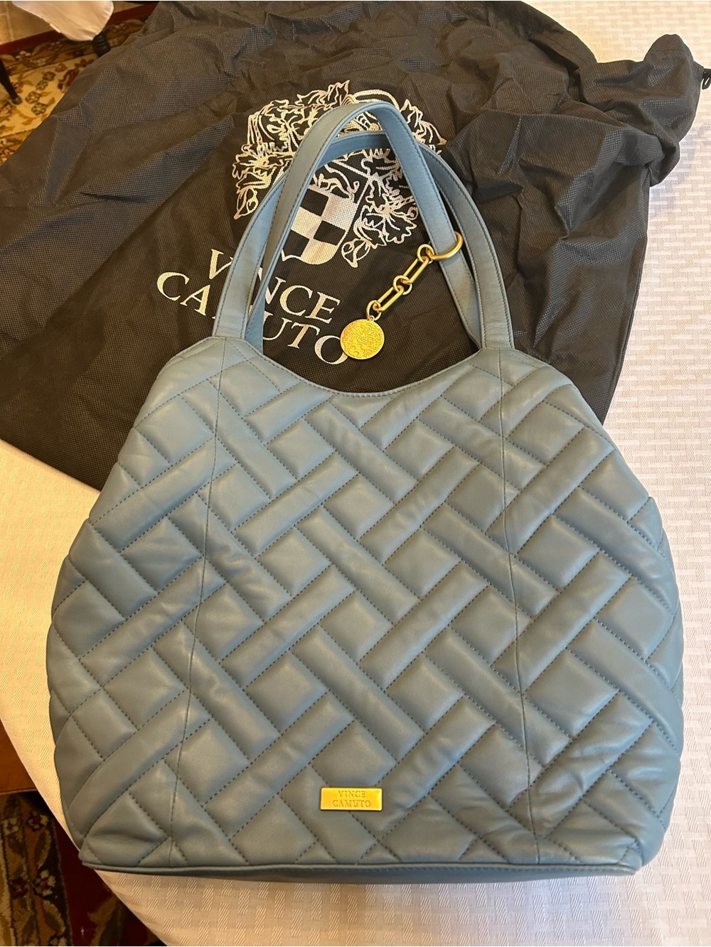 Vince Camuto Leather Quilted Tote in Dusty Blue with Gold Accents